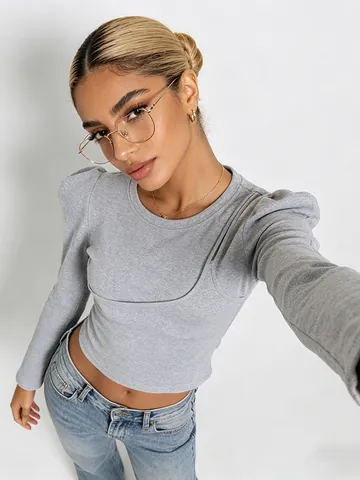 Damen Schlanke Passform Langarm T-Shirt Elegant Puffschulter Asymmetrische Naht Rundhals Baumwollmischung Base Layer Top