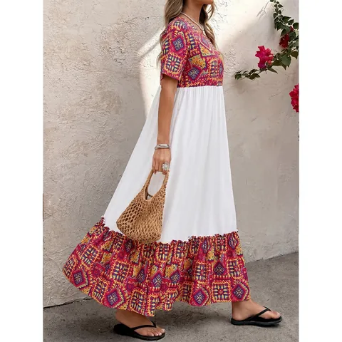 Dames Boheems Patchwork Maxi Jurk Korte Mouw Ronde Hals Grote Maat Polyester Etnische Print Zomervakantie Lange Jurk