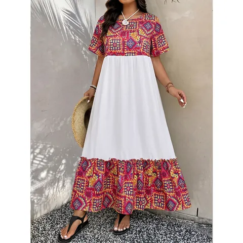 Dames Boheems Patchwork Maxi Jurk Korte Mouw Ronde Hals Grote Maat Polyester Etnische Print Zomervakantie Lange Jurk