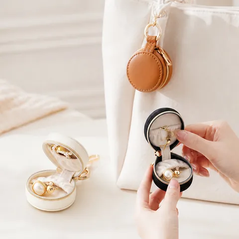 Portable Mini Round Jewelry Box PU Leather Storage Case With Metal Hook For Earrings Rings Travel Bag Pendant Organizer