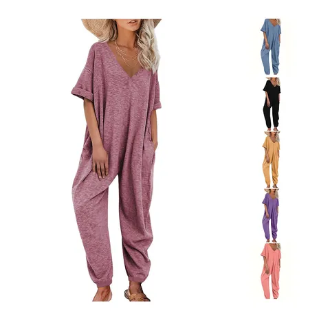 Damen Casual V-Ausschnitt Kurzarm Jumpsuit Lockerer Arbeitskleidung Stil Einfarbig Lange Cargo Hose Mit Taschen