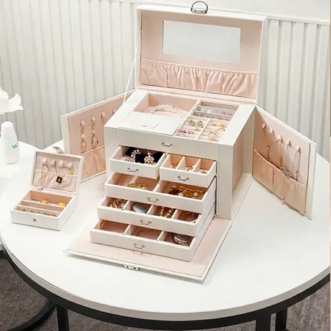Große Kapazität Mehrlagige PU Leder Schmuckkästchen Tragbare Schmuck-Organizer Box Mit Spiegel Und Schloss Für Ringe Halsketten Ohrringe