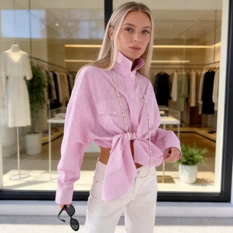 Blusa Casual de Rayas Rosas y Blancas para Mujer Manga Larga Con Bolsillo Frontal Ajuste Holgado Top Oversize Moda Diaria