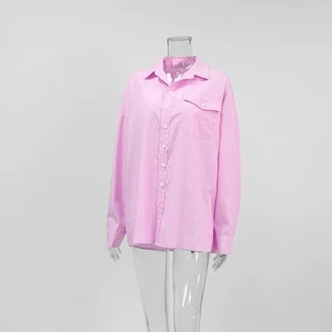 Blusa Casual de Rayas Rosas y Blancas para Mujer Manga Larga Con Bolsillo Frontal Ajuste Holgado Top Oversize Moda Diaria