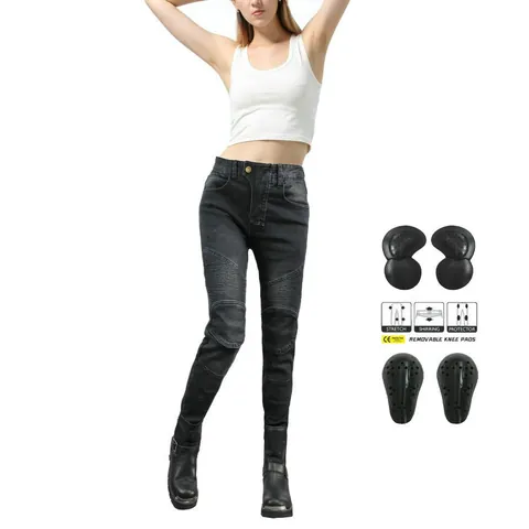 Women Motorcycle Riding Jeans With Protective Gear Removable Knee Pads High Stretch Cotton Denim Racing Pants Retro Moto Trousers