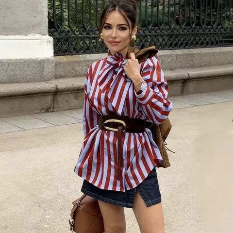 Women Striped Long Sleeve Blouse Bow Tie Neck Button Down Shirt Casual Loose Fit Poplin Top Orange Light Blue Office Wear