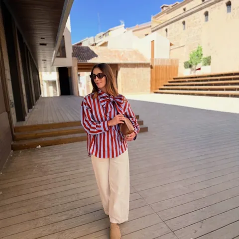 Women Striped Long Sleeve Blouse Bow Tie Neck Button Down Shirt Casual Loose Fit Poplin Top Orange Light Blue Office Wear