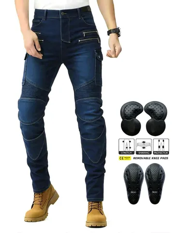 Pantaloni da Moto Slim Fit da Uomo Con Protezioni CE Rimovibili Shirring Elasticizzati Tattici Cargo Denim