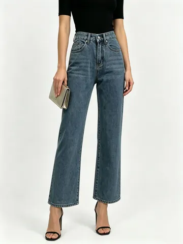 Women's Vintage Blue Wide Leg Jeans Leopard Heart Pattern Low Waist Casual Straight Denim Trousers
