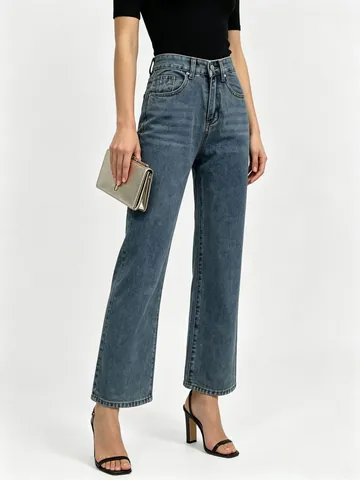 Women's Vintage Blue Wide Leg Jeans Leopard Heart Pattern Low Waist Casual Straight Denim Trousers