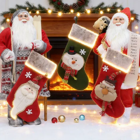 Calcetín De Navidad Borde De Piel Sintética Grande Aplique 3D Papá Noel Muñeco De Nieve Reno Bolsa De Regalo Decoración Chimenea