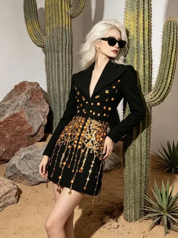 Damen Luxus Langarm V-Ausschnitt Anzugkleid Gold Strass Quasten Schwere Arbeit Pailletten Party Clubwear Slim Fit Minikleid