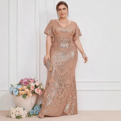 Elegantes Abendkleid In Großen Größen Mit V-Ausschnitt Pailletten Champagnergold Flügelärmel Meerjungfrau Formelles Party Maxikleid