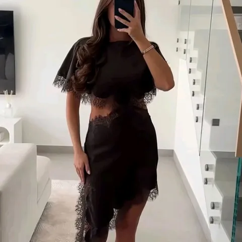 Lace Patchwork Sleeveless Mini Dress Asymmetric Hem Cut Out Waist Sexy Bodycon Nightclub Party Dress For Women Summer