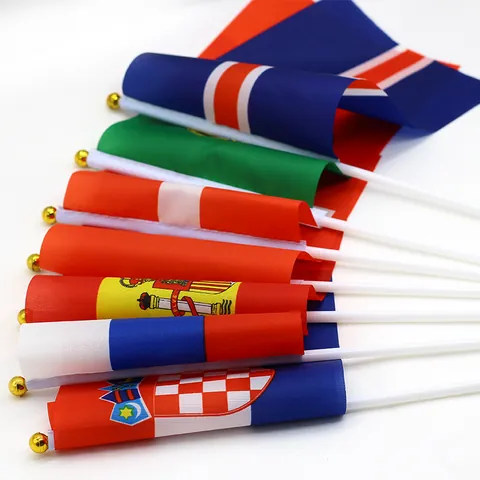 Hand Held Flags World National Mini Country Banners Polyester With Plastic Pole Gold Top For Sports Events Parades Party