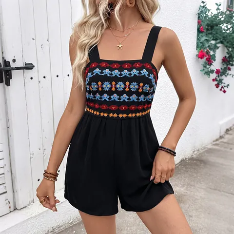 Vrouwen Bohemian Etnisch Borduursel Romper Mouwloos Vierkante Hals Zomervakantie Casual Polyester Jumpsuit