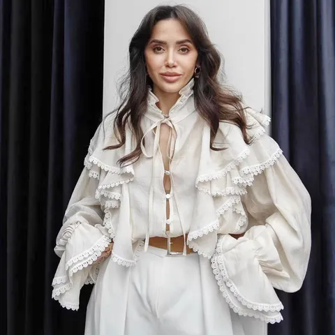 Blusa de Mujer Estilo Palacio Francés Volantes Encaje Vintage Manga Larga Acampanada Lazo Elegante Camisa Color Sólido Blanco Crema