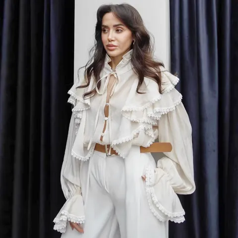 Blusa de Mujer Estilo Palacio Francés Volantes Encaje Vintage Manga Larga Acampanada Lazo Elegante Camisa Color Sólido Blanco Crema
