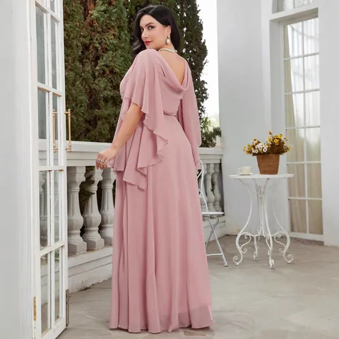 Elegant Chiffon Evening Gown V Neck Embroidered Beaded Flutter Sleeve Maxi Dress For Wedding Party Banquet Women Clothing