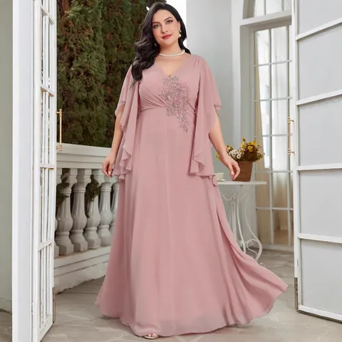 Elegant Chiffon Evening Gown V Neck Embroidered Beaded Flutter Sleeve Maxi Dress For Wedding Party Banquet Women Clothing