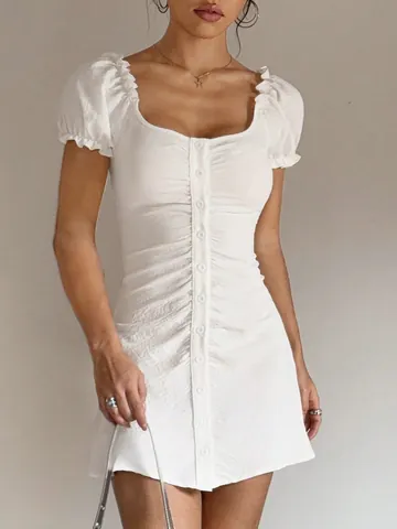Women French Style Ruched Mini Dress Square Neck Puff Sleeve Single Breasted Slim Fit Summer Short Sleeve Solid Color Party Dress