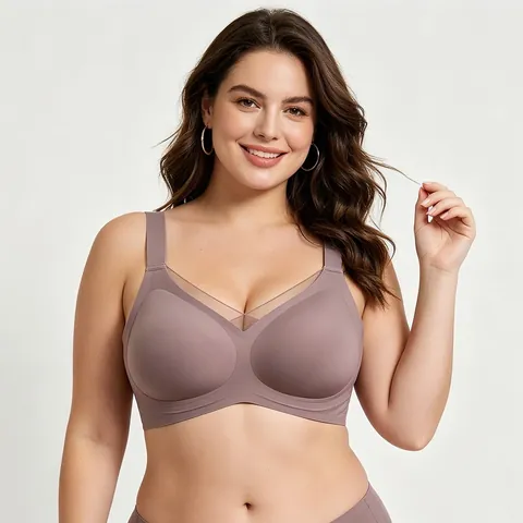 Damen Plus Size Kabelloser V-Ausschnitt Netz BH Nahtloser Atmungsaktiver T-Shirt BH Komfortable Nylon Lingerie Unterwäsche