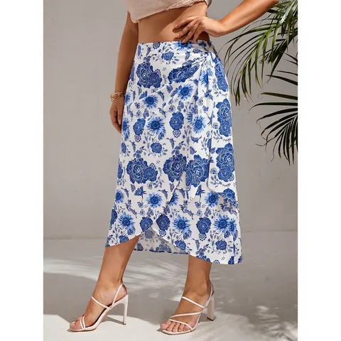 Gonna Midi Avvolgente a Fiori da Donna Taglie Forti Vita Alta Spacco Laterale Legato Bohemian Gonna da Spiaggia Casual Blu