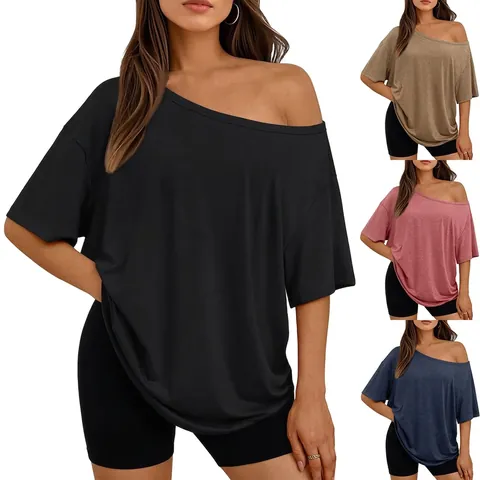 Women Off Shoulder T-Shirt One Shoulder Loose Round Neck Short Sleeve Solid Color Cotton Casual Top Black