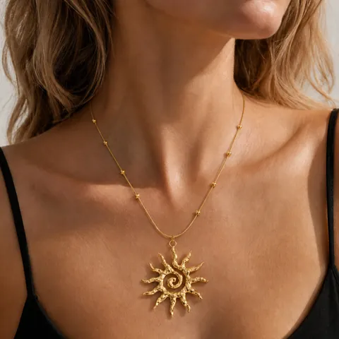 Collana con Pendente Sole a Spirale in Acciaio Inossidabile Vintage Donna Texture Martellata Oro Argento Gioielli Regalo