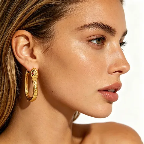 Snake Shaped Hoop Earrings Stainless Steel 18K Gold Plated Serpent Jewelry With Red Eyes Scale Texture Gothic Style For Women
