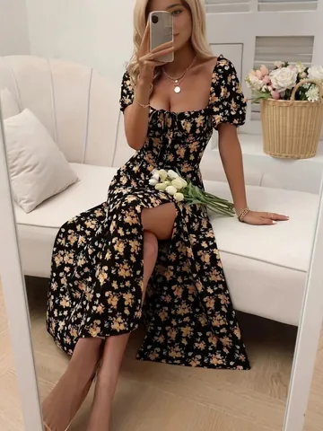 Women's French Retro Floral Puff Sleeve Dress Summer Slim Square Neck Side Slit Drawstring Polyester Spandex Maxi Dress