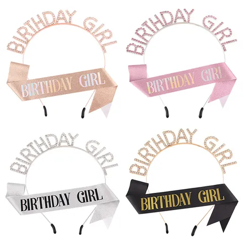 Ensemble Serre-Tête En Alliage De Strass Birthday Girl Et Écharpe Pailletée Pour Décorations De Fête D'Anniversaire Femmes Filles
