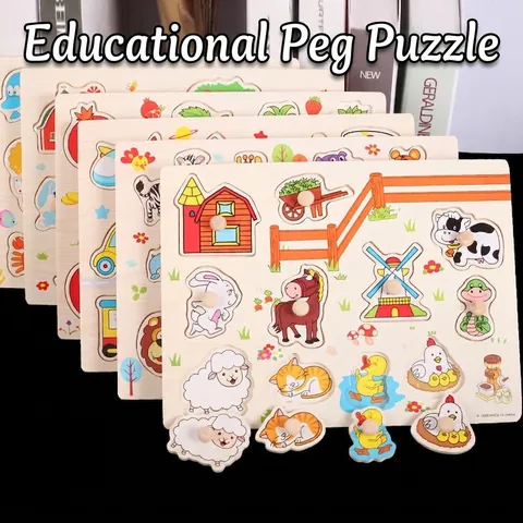 Wooden Montessori Peg Puzzle For Toddlers Alphabet Numbers Animals Fruit Cognition Educational Early Learning Board Toy