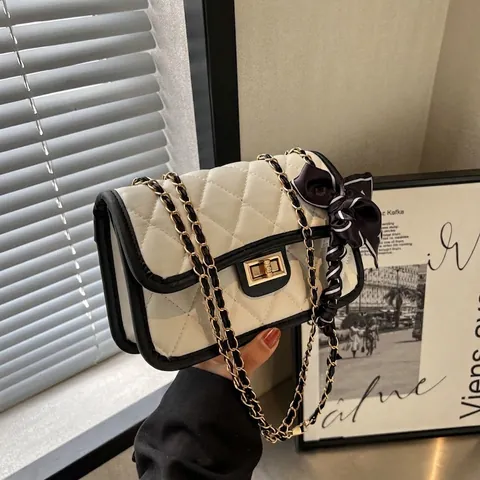 Women Quilted Lingge Shoulder Bag Small Square Crossbody Bag With Decorative Silk Scarf Metal Chain Strap Elegant PU Leather Handbag