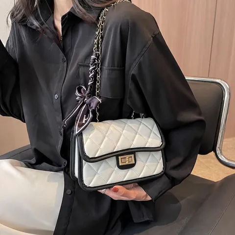 Women Quilted Lingge Shoulder Bag Small Square Crossbody Bag With Decorative Silk Scarf Metal Chain Strap Elegant PU Leather Handbag