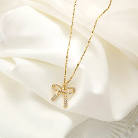 Eleganter Schleife Anhänger Halskette Für Damen Gold Plattiert Edelstahl Mit Funkelndem Zirkonia Zarter Modeschmuck Geschenk