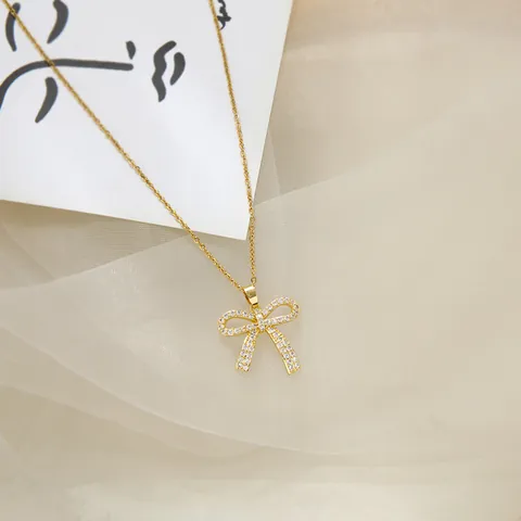 Eleganter Schleife Anhänger Halskette Für Damen Gold Plattiert Edelstahl Mit Funkelndem Zirkonia Zarter Modeschmuck Geschenk