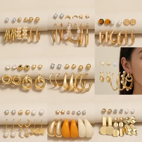 Fashion Alloy Faux Artificial Pearl Crystal Hoop Stud Earrings For Women Gold Silver Butterfly Heart Checkerboard Jewelry Collection