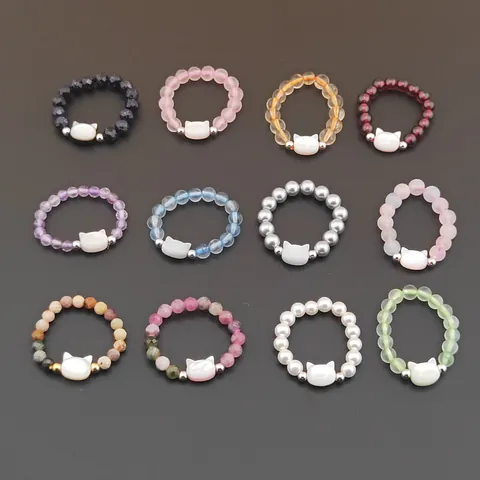 Anello Fatto a Mano con Perline Gatto per Donna Dolce Pietra di Cristallo Anello Elastico con Testa di Gatto in Conchiglia Gioielli