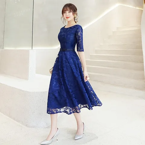 Elegantes Damen Midi Spitzenkleid Abendkleid Kurzarm Schlankmachend Übergröße Bankett Party Kleid Für Hochzeit Gastgeberin Formelles Kleid