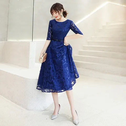 Elegantes Damen Midi Spitzenkleid Abendkleid Kurzarm Schlankmachend Übergröße Bankett Party Kleid Für Hochzeit Gastgeberin Formelles Kleid