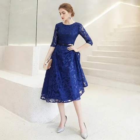 Women's Elegant Lace Midi Evening Dress Short Sleeve Slim Fit Plus Size Banquet Party Gown For Wedding Hostess Formal Dress