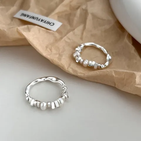 S925 Sterling Silver Freshwater Pearl Open Ring For Women Wave Beaded Irregular Blocks Adjustable Fashion Jewelry Accessory