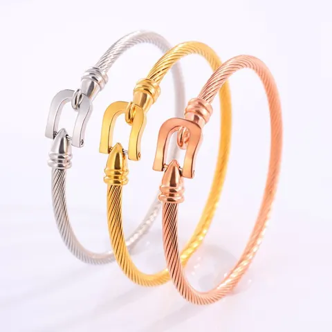 Bracelet Jonc en Câble d'Acier Inoxydable avec Boucle en Fer à Cheval pour Femme Bijoux de Mode Minimaliste