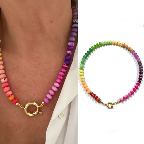 Collana di Perline in Pietra Naturale Annodata in Stile Francese Per Donna Chiusura in Acciaio Inossidabile Boho Arcobaleno Colorato Gioielli per Vacanze Regalo
