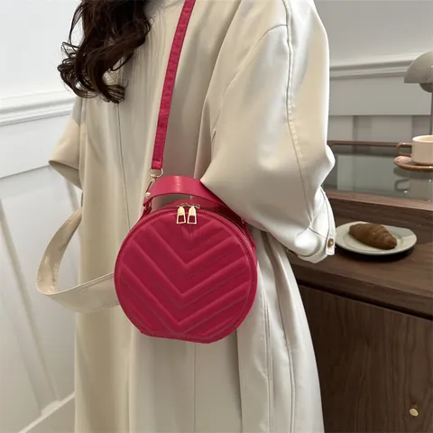 Borsa a Tracolla Rotonda in Pelle PU Trapuntata di Moda per Donna Chic Motivo a V Piccola Borsa a Spalla Rotonda Elegante