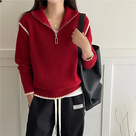 Women Casual Half Zip Polo Collar Ribbed Knit Sweater Color Block Patchwork Pullover Loose Long Sleeve Short Top