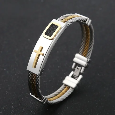 Bracciale da Uomo in Cavo di Acciaio Inossidabile Intrecciato Croce Ciondolo Religioso Geometrico Gioielli Oro Argento