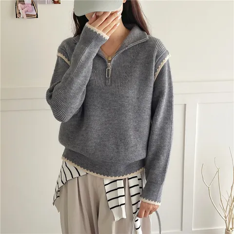 Maglione da Donna Casual con Mezza Zip Colletto Polo in Maglia a Costine Color Block Patchwork Pullover Manica Lunga