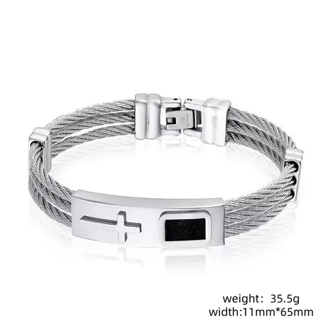 Bracciale da Uomo in Cavo di Acciaio Inossidabile Intrecciato Croce Ciondolo Religioso Geometrico Gioielli Oro Argento